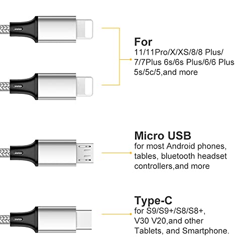 Multi Charging Cable, Multi USB Cable Universal 4 in 1 Multiple USB Cable | Fast Charging Cord with Type-C, Micro USB Connectors for Cell Phones Tablets, Silver 2Pack 4FT - color: Silver