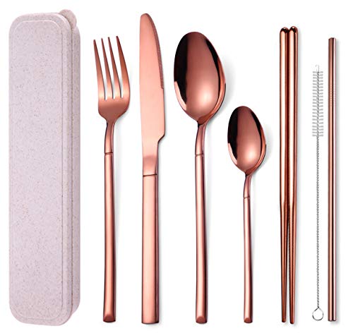 AARAINBOW 7 Pieces Stainless Steel Flatware Set Portable Reusable Cutlery Set Travel Utensils Set Including Chopsticks Knife Fork Spoon Straws Cleaning Brush Dishwasher Safe (Rose golden) - color: Rose golden