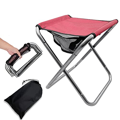 Folding Camping Stool, 16 Inch Tall Portable Folding Stool Aluminum Alloy Lightweight Stool Seat Red Foldable Stool with Carry Bag for Fishing Outdoor Camping Hiking and BBQ - color: Red