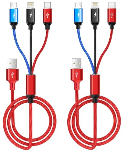 Multi Charger Cable, Fast Multi Charging Cord 3 in 1 Nylon Braided Multiple USB Universal Charging Cable for Type-C, Micro USB, Cell Phones/IP/Samsung Galaxy/Ps/LG/Huawei/Kindle - color: Red, size: 3 in 1 4FT 2PACK