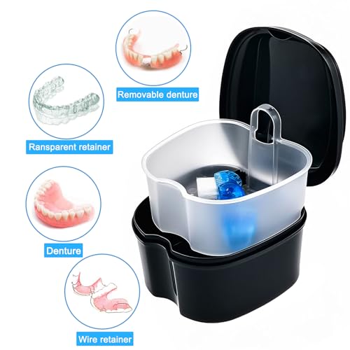 2 Pack Travel Denture Bath Case Set Orthodontic Dental Box Case with Brush, Denture Soaking Cup False Teeth Retainer Container for Clear Braces, Mouth Guard, Night Guard - color: Black & Purple