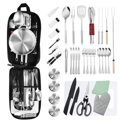 Essential Camping Utensils Set Stainless Steel Camping Mess Kit Portable Outdoor Cookware Cutlery Set Essential Travel Survival Tools for Campers