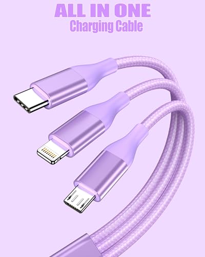 3 in 1 Multi Charging Cable for Multiple Devices Fast Charge cord 2Pack 4FT | Car Travel Essentials,MFI Certified Universal Phone Charger with Type C/Micro USB/IP for iPhone17-5 iPad Android Purple - color: Purple-4ft