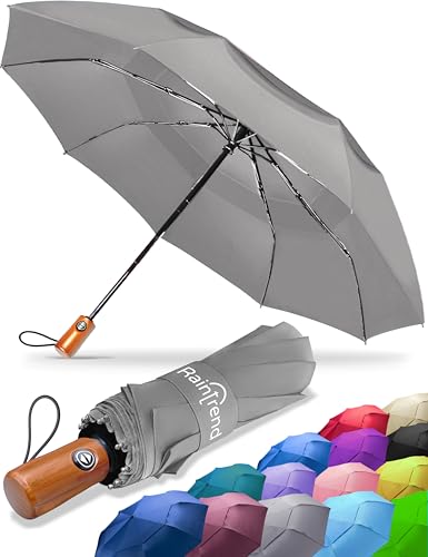 Raintrend Windproof Travel Umbrellas for Rain Automatic +10% Bigger Canopy Strong Frame Compact Folding Portable Umbrella for Women Men Backpack Purse - color: O Grey