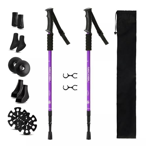 2 Pack Foldable Trekking Hiking Poles, Aluminum Telescopic Nordic Walking Sticks with Anti-Shock and Quick Lock - color: Purple
