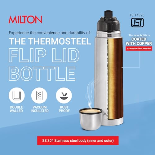 Milton Flask 34 oz Insulated Water Bottle with Cover, Flip Lid, Thermosteel | Stainless Steel, Double Wall Vacuum Insulation, Keeps Drinks Hot & Cold up to 24 Hours, Leak Proof, Silver - size: 34 oz