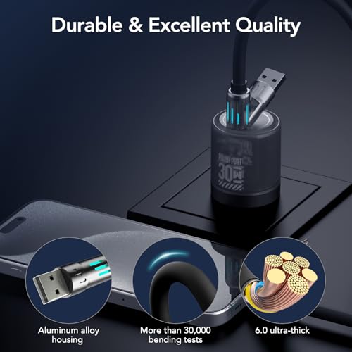 MFish 240W 4-in-1 Fast Charging Cable, Black, 6.6FT | Carrying Case, USB-A & USB-C to USB-C/Lightning, For iPhone 17/16/15/14, MacBook, iPad, Laptop, Samsung S25/S24 - color: Black, size: 6.6Ft