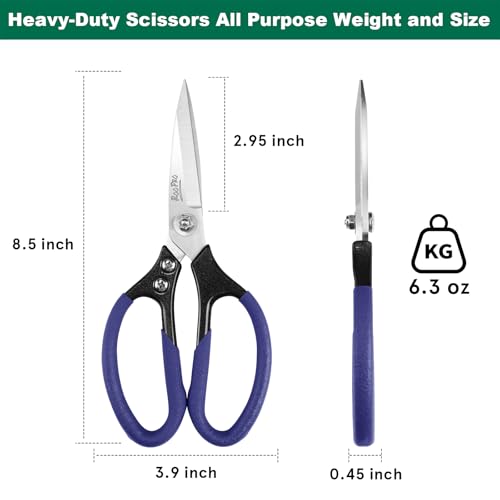 Heavy Duty Scissors All Purpose, 8.5 inch Stainless Steel Utility Sharp Shears, Aluminum Alloy Handle for Cutting Cardboard,Carpet,Fabric,Leather,Rope,Rubber,Plastic and Kitchen or Workshop Use - color: Purple