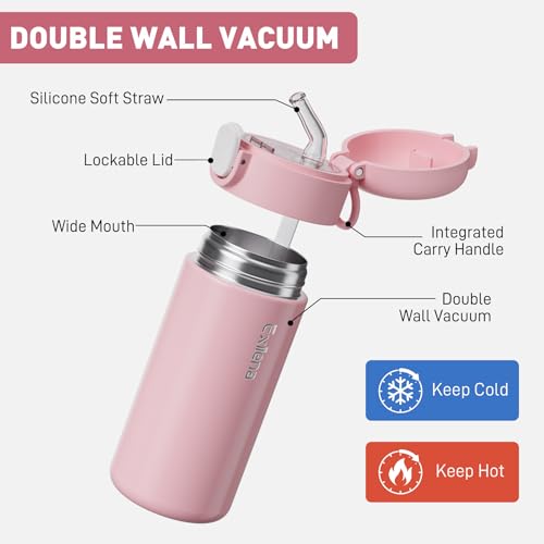 Exllena 10oz Small Insulated Water Bottle with One-Touch Soft Straw Lid, Double-Wall Vacuum Small Travel Water Bottle for Cold&Hot Drinks–Leak-Proof, Mini Flask for Handbag, Yoga, Sport(Pink) - color: Pink
