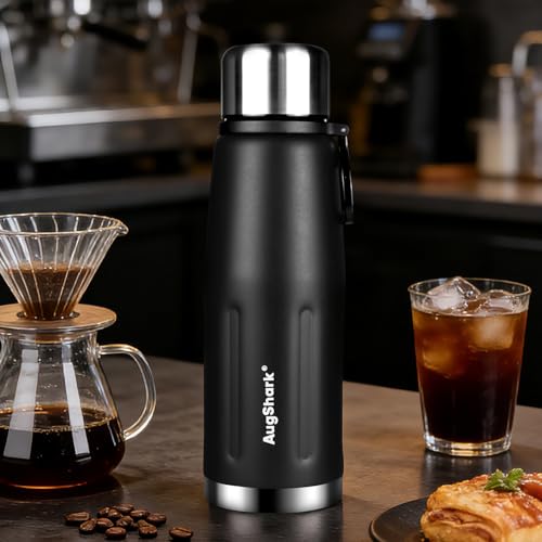 20oz Vacuum Insulated Stainless Steel Thermoses with Foldable Handle & Leakproof Lid, Slim Travel Coffee Cup for Hot/Cold Drinks, Fits Car Cup Holders - color: Black-01-20oz