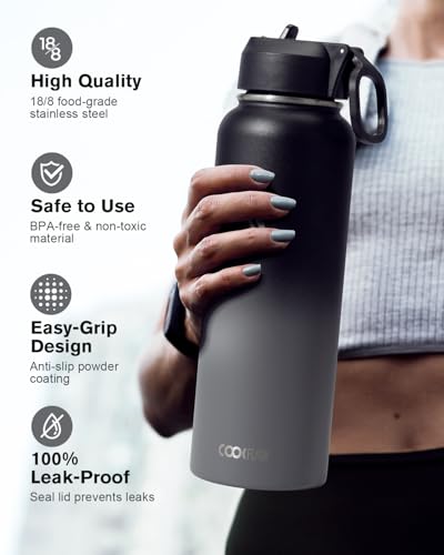 Coolflask 40 oz Water Bottle Insulated with Straw & 3 Leakproof Lids | Water Flask Stainless Steel Triple-Wall Vacuum,Cold 48+h,Dishwasher Safe,Wide Mouth, BPA-Free,Carrier Bag,for Gym,Hiking - color: Piano Night, size: 40 Ounces