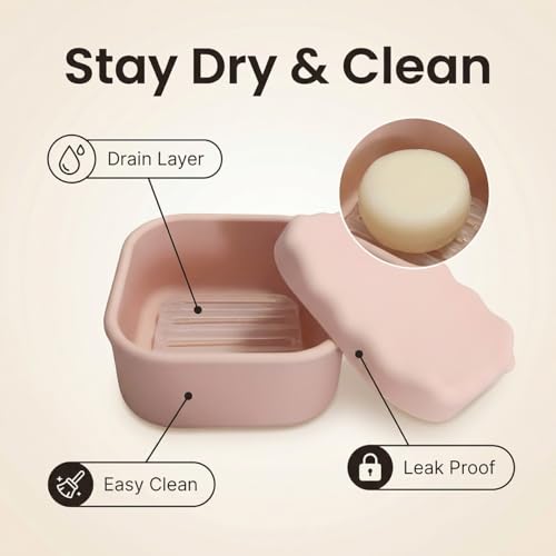 Silicone Travel Soap Case, Leak Proof Soap Dish Holder with Drainage, Shower Container for Kitsch Shampoo Bars & Standard Soaps Traveling Accessories for Gym Camping (Pink, Square) - color: Pink