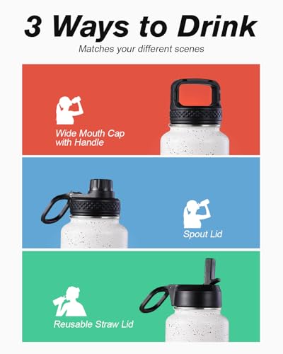 Coolflask 40 oz Water Bottle Insulated with Straw & 3 Leakproof Lids | Water Flask Stainless Steel Triple-Wall Vacuum,Cold 48+h,Dishwasher Safe,Wide Mouth, BPA-Free,Carrier Bag,for Gym,Hiking - color: Arctic White, size: 40 Ounces