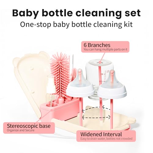 LEQXGO Travel Baby Bottle Cleaner Kit with Storage Case, 7-in-1 Baby Bottle Brush Set with Drying Rack for Breast Pump Parts, Bottle Washing Kit - Baby Travel Essential for Flying & On-the-Go (Pink) - color: Pink