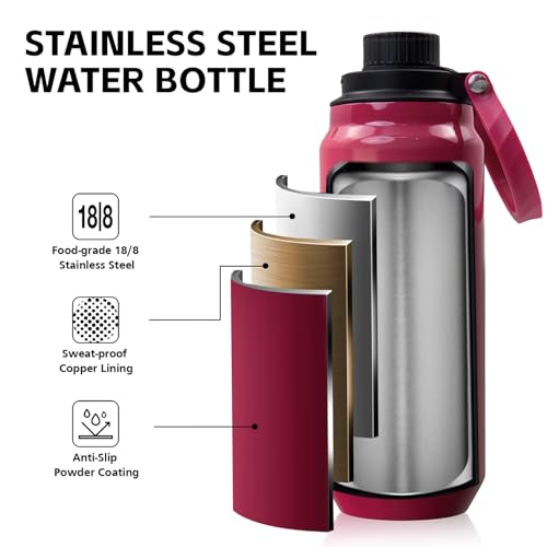Greylock 20 oz Insulated Water Bottle with Straw Lid, Reusable Stainless Steel Sports Water Bottles with Foldable Handle, Leak Proof, Double-Wall Vacuum Insulation, 24 Hours Cold(Raspberry Ridge) - color: Raspberry Ridge, size: 20 Ounces