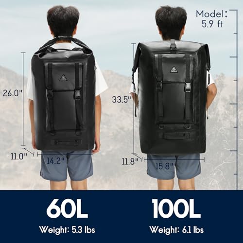 Haimont Large Waterproof Roll Top Dry Backpack 100L, Black | 500D Ripstop, IPX7, Air Valve, Adjustable Straps for Boating Kayaking, Surfing, Camping Fishing - color: Black, size: 100L