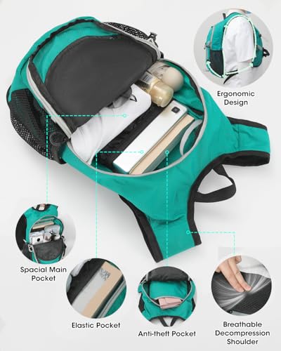 Foldable Small Hiking Backpack with 3 Strap Pockets – Lightweight 300D Spill-proof Daypack for Men Women – Packable Small Travel Backpack with Chest Strap & Trekking Pole Holder – Durable Outdoor Bag - color: Mossgreen-