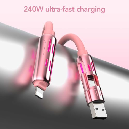 MFish 2-Pack 240W 4-in-1 Multi Charging Cable, Pink+Red, 6.6FT | Carrying Case, USB-A & USB-C to USB-C/Lightning, For iPhone 17/16/15/14, MacBook, iPad, Laptop, Samsung S25/S24 - color: Pink+Red, size: 2-Pack 6.6FT
