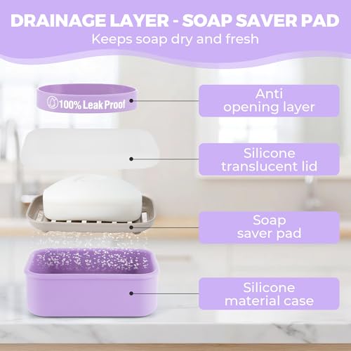 Compact Leakproof Travel Soap Case with Lid & Silicone Strap - Portable Draining Soap Bar Holder for Gym, Bathroom, Camping - Lightweight Silicone Soap Dish Container (Purple) - color: Purple
