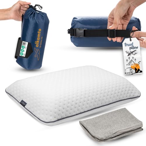 alkamto Travel & Camping Comfortable Memory Foam Pillow – Easy to Carry Portable Bag – Temperature Regulating Pillow Case - size: White Travel + Extra Cover