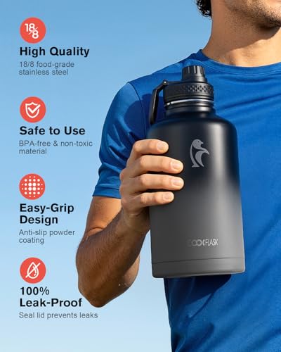 Coolflask Half Gallon Water Bottle Insulated with Straw & 3 Leakproof Lids | 64 oz Large Water Jug Stainless Steel Triple-Wall, Cold 48+h/Hot 24+h Dishwasher Safe, BPA-Free, for Sports Gym & Hiking - color: Piano Night, size: 64 Ounces