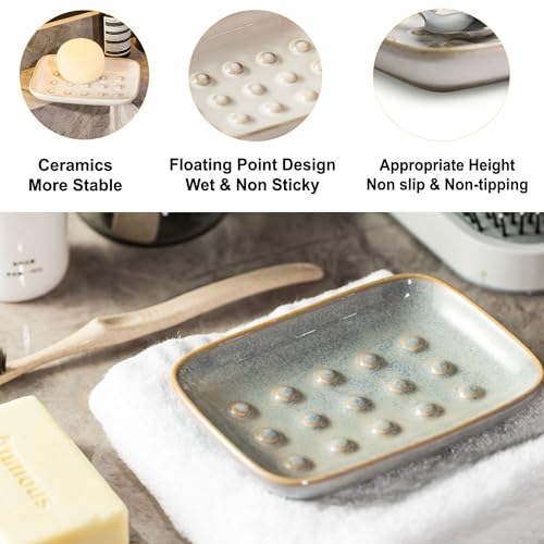 Soap Dish for Shower, Ceramic Soap Dish for Large Soap Bars, Non-Slip Soap Holder & Saver Tray with Floating Point Design for Bathroom, Shower, Kitchen Sink, Save Soap Loss (Pack of 2) - color: Grey, size: Floating Point Design (Pack of 2)