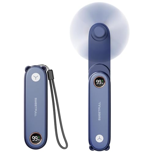 SWEETFULL Portable Handheld Mini Fan with LED Display, 3-in-1 Personal Foldable USB Rechargeable Hand Held Fan & Flashlight for Travel, Lash Eyelash, Cute Small Pocket for Women, Girls - color: Blue