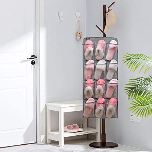 Dual Sided Hanging Shoe Organizer for Closet with Rotating Hanger Hanging Shoe Rack Holder with 24 Large Pockets (Grey-Mesh Pockets) - color: GREY-MESH
