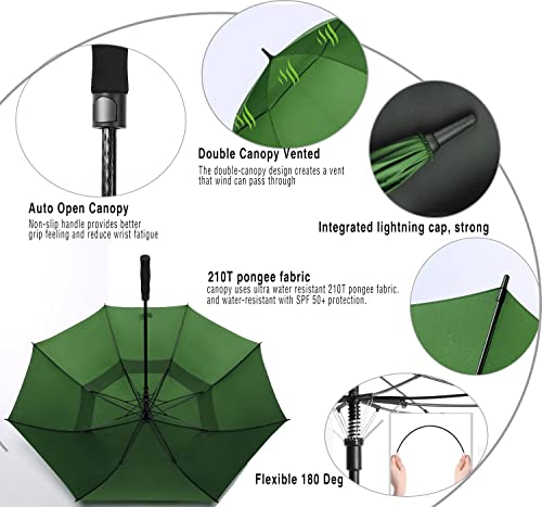 62/68/72 Inch Large Golf Umbrella Windproof Waterproof Auto Open | Oversized Double Canopy Vented, 210T Waterproof Pongee Fabric, Light Fiberglass Frame, Unique Red Foam Handle - color: Green-Red Handle, size: 68"