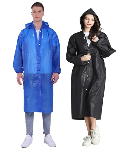 HLKZONE Raincoat, 2 Pack Rain Ponchos for Adults Travel Rain Jacket Packable Rain Coats for Women with Drawstring Hood - color: H-sapphire+black