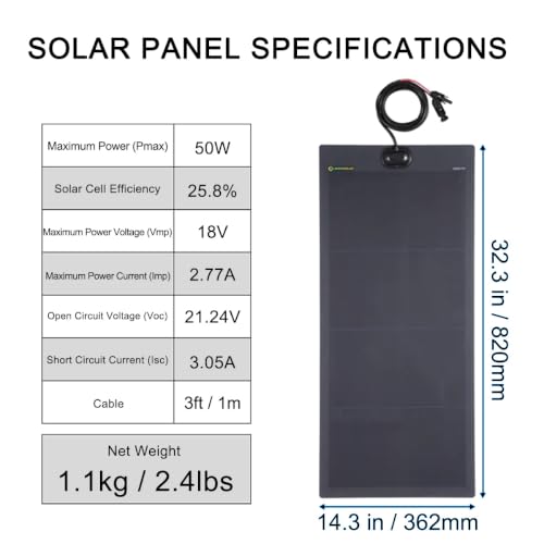 50W Flexible Solar Panel, 33x14 in | Full Black,Waterproof, Lightweight, 25.8% Highest Efficiency Back Contact Solar Cell, For RV, Tent, Van - size: 50W/32.3in x 14.3in