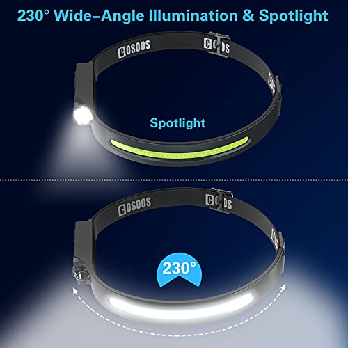 COSOOS LED Headlamp Rechargeable, Bright Head Lamp Flashlight, 1000 Lumen Headlight, Sensor Mode, 230 ° Illumination & Spot Light, 2.4 oz Lightweight Headlamp for Camping, Running, Hiking (No Clip)