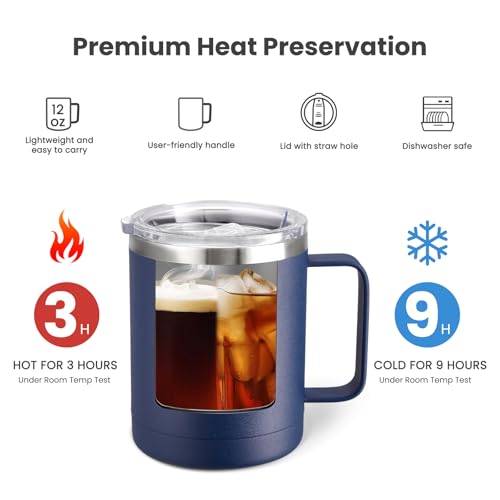 MEWAY 12oz Coffee Mug With Handle and Sliding Lid,Stainless Steel Travel Tumbler Cup with Handle,Double Wall Vacuum Insulated Camping Cup for Hot & Cold Drinks Tea (Navy,Set of 1 - color: Navy