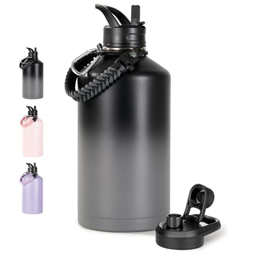 Fijinhom Gallon Water Bottle with 2 Lids (Straw & Spout), 304 Stainless Steel Water Jug with Handle and Wide Mouth, 1 Gallon Vacuum Double Walled Jug for Sports, Outdoors, Black/Gray, 128 oz
