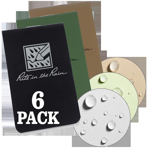 Rite in the Rain Weatherproof On The Go Wallet Notebook, 2" x 3.375", 2 Each Tan, Green, Black Cover, Blank Pages, 6 Pack (No. OTG-TACL)