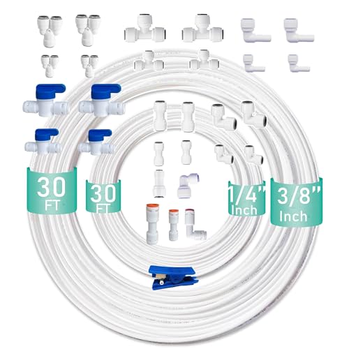 ESHIONG NSF Certified 1/4" & 3/8"O.D. Water Line Tubing and Push to Connect Fittings for RO (Reverse Osmosis) Water Filter 30 pcs+30 feet 1/4" tubing+30 feet 3/8" tubing. - style: 1/4" & 3/8" Tubing and Fittings Kit