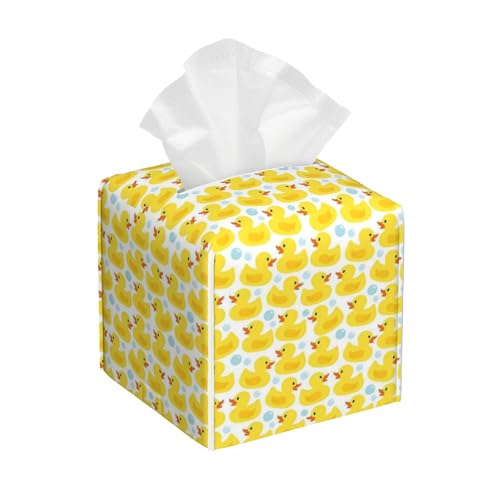 Cute Rubber Ducks Leather Tissue Holder,Soap Bubbles Square Tissue Box Cover with Bottom Belt,Modern Decorative Facial Tissue Paper Cover for Car Nightstand Vanity Desk Office,5.2" x 5.2" x 5.2" - color: Cute Rubber Ducks