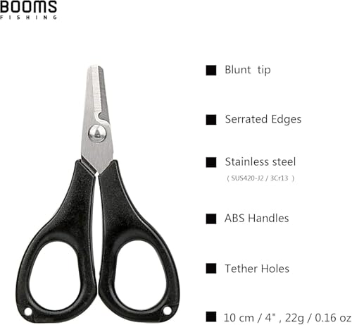 Booms Fishing Scissors for Braided Line: Braided Line Cutter with Zinger Retractor for Saltwater and Freshwater - Micro Serrated Shears Multi-Function Fishing Snips, S01 3.9" Black - color: Black_1