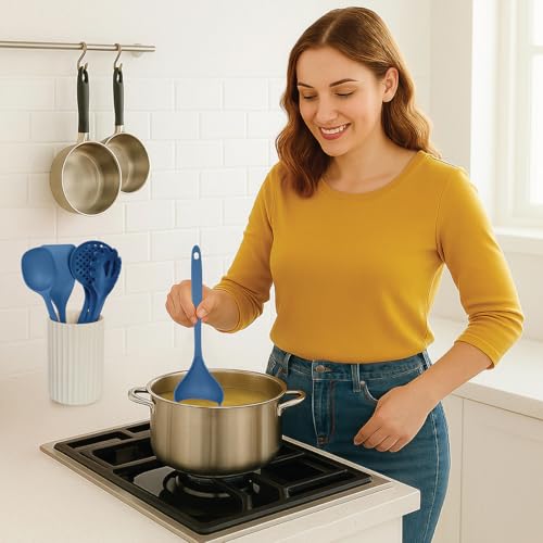 Glad Kitchen Utensils Set, 8pcs - Nonstick Cooking Tools with Utensil Holder - Nylon Spoon, Ladle, Skimmer, Spaghetti Server, and Turner Spatula Set - Dishwasher Safe, Blue - color: Blue, size: 8-piece Set