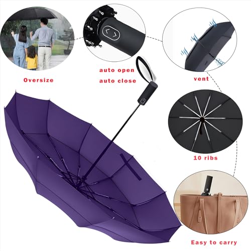MRTLLOA Compact Golf Umbrella, 10 Ribs Vented Windproof Travel | 49/54/62 Inch Large Oversize, Double Canopy, Quick-Dry Fabric, Lightweight, Umbrellas for Rain - color: Purple, size: 54 Inch