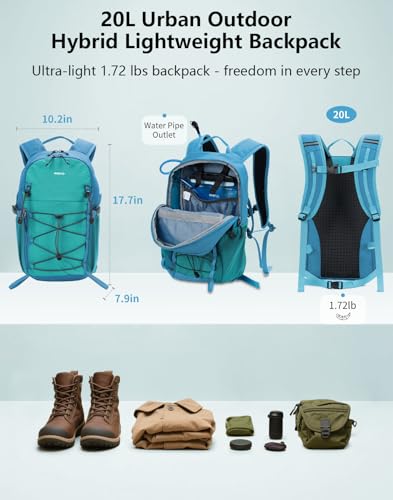 ECOHUB Small Hiking Backpack for Men Women, 20L Lightweight Travel Backpacks Water Resistant Camping Cycling Hiking Daypack - color: Pacific Teal