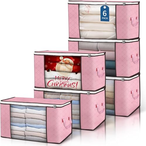 90L Large Storage Bags, 6 Pack Clothes Storage Bins Closet Organizers - color: Pink, size: 6 Pack-90L