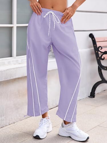 Fisoew Womens Baggy Wide Leg Casual Elastic Waist Cropped Pants - color: Violet, size: Medium