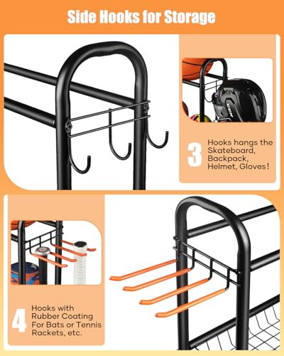 EXTCCT Basketball Rack with Wheels, 3 Tier Garage Ball Storage Organizer | Heavy duty rolling balls cart with two basket storage, ball holder, Sports equipment organized for outdoor, indoor, Black - color: Small Black