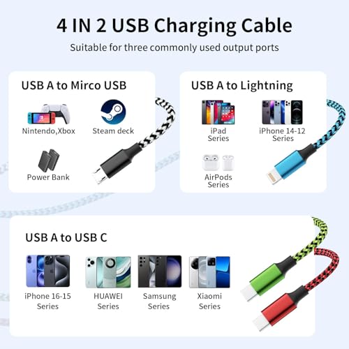 4 in 2 Multi Charging Cable, USBA/C Universal Charging Cords 4 Pack 5FT - color: White&Red&Black&Blue