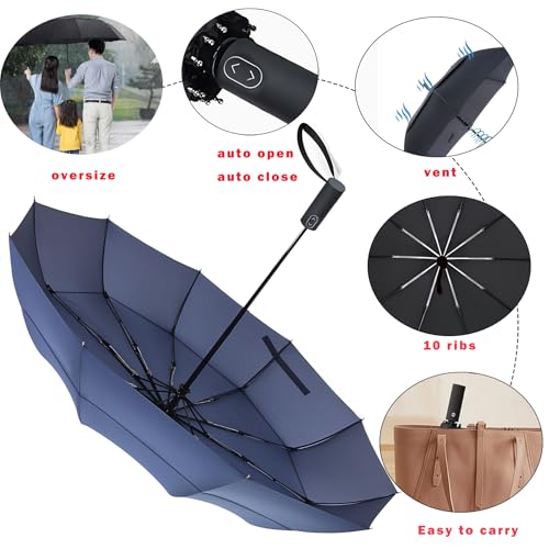 MRTLLOA Compact Golf Umbrella, 10 Ribs Vented Windproof Travel | 49/54/62 Inch Large Oversize, Double Canopy, Quick-Dry Fabric, Lightweight, Umbrellas for Rain - color: Navy Blue, size: 54 Inch