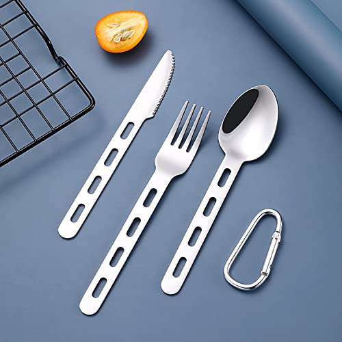 Camp Flatware Sets- Stainless Steel Spoon Fork Knife - Matching Matching Quick Hook - Ultralight Utensils for Backpacking/Hiking/Camping - 3.5oz