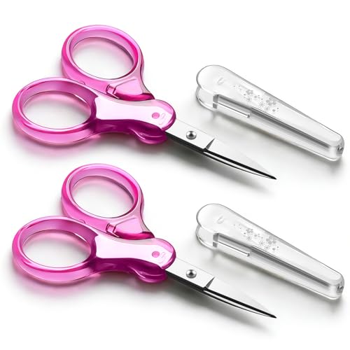 Zicolu 3.5" Small Craft Scissors all Purpose, Straight Fine Tips for Yarn Fabric Cutting, Precision Mini Scissors with Safety Protective Cover for Travel, Sewing, Embroidery, Crochet, NeedleWork, Red - color: Red(2pcs/Straight Tip)