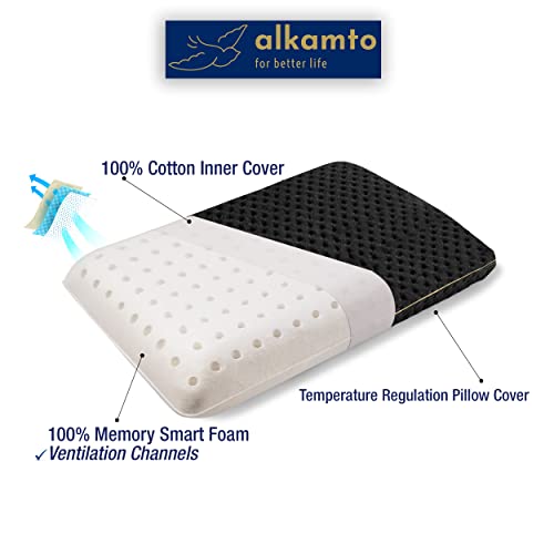 alkamto Travel & Camping Comfortable Memory Foam Pillow – Easy to Carry Portable Bag – Temperature Regulating Pillow Case (Black + Extra Cover) - size: Black Travel + Extra Cover