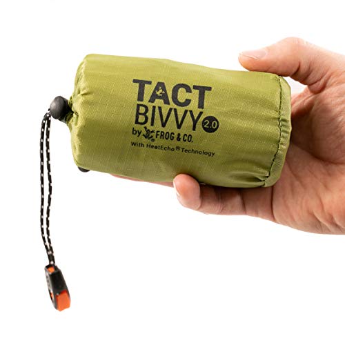 Survival Frog Tact Bivvy 2.0 Emergency Sleeping Bag with Stuff Sack, Carabiner & Survival Whistle – Compact, Lightweight, Waterproof, Reusable Thermal Bivy Sack Shelter Kit - color: New 2.0 Tactical Green